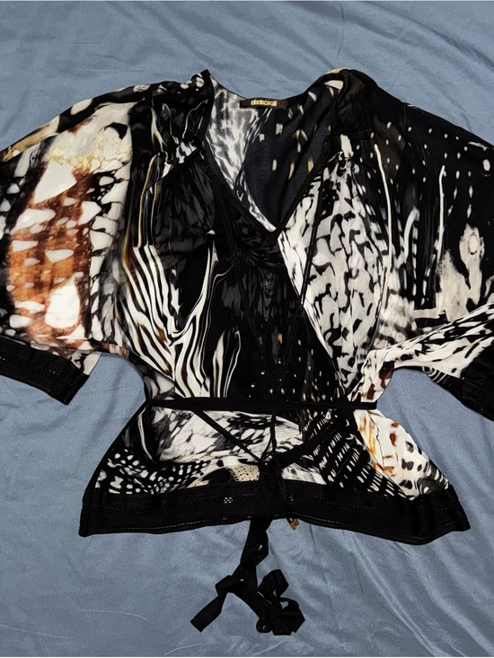 Roberto Cavalli Tops - Roberto Cavalli Black, White & Gray Abstract Animal-Print Blouse
